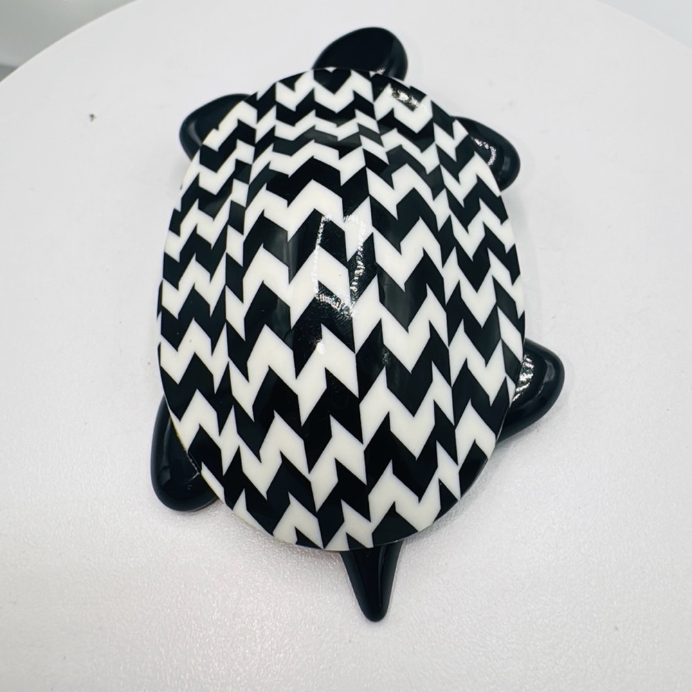 Lea Stein Black and White Chevron Turtle Brooch. Signed.  Authentic. Vintage.